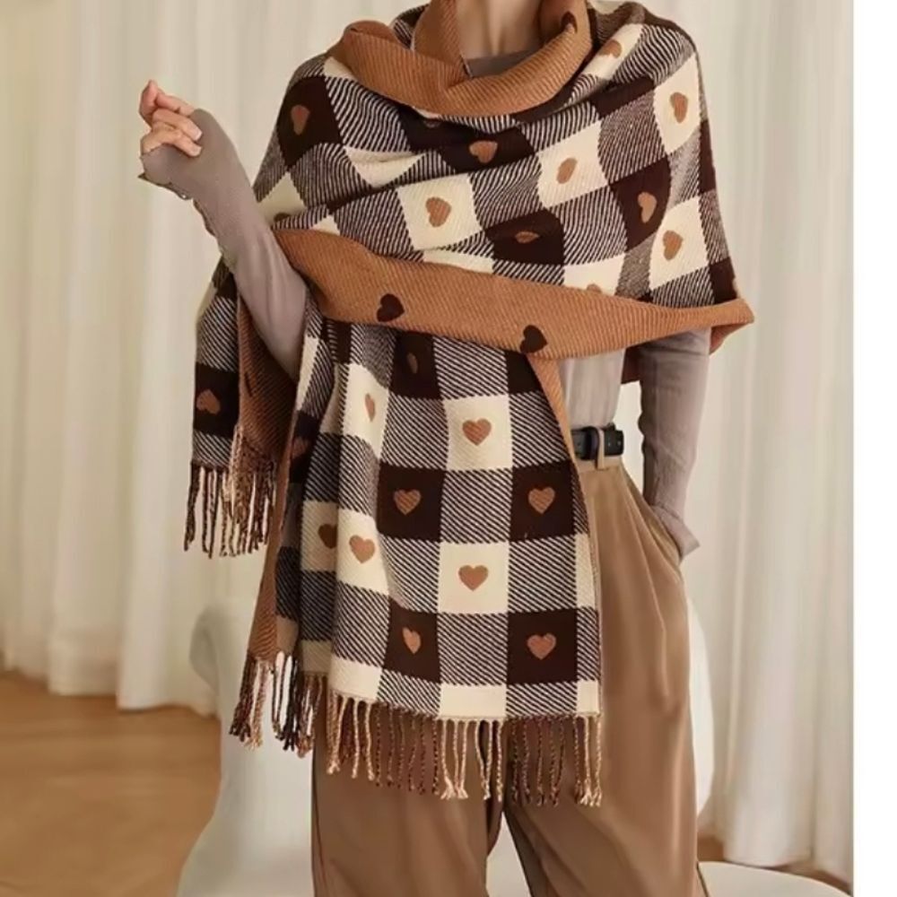 Hearts Theme Knitted Reversible Fleece Scarf/Shawl